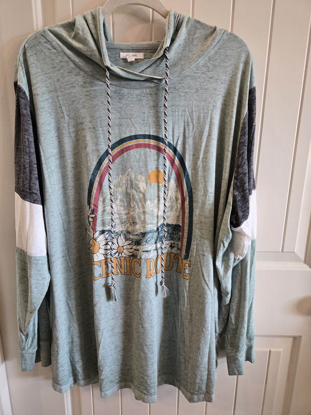 Maurices Sage Green Hooded T-shirt Graphic Pullover w/ Contrast Sleeves Size 4x